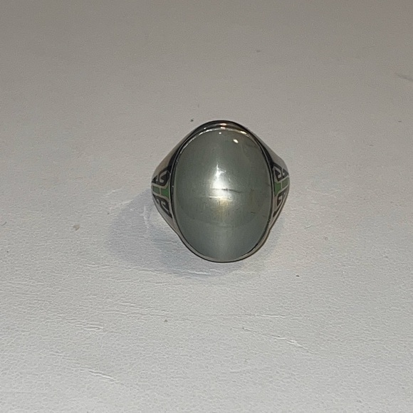 ANTIQUE 10K WHITE GOLD "UNISEX" RING w/NATURAL GREEN MOONSTONE&ENAMELS, ART DECO - Picture 10 of 12